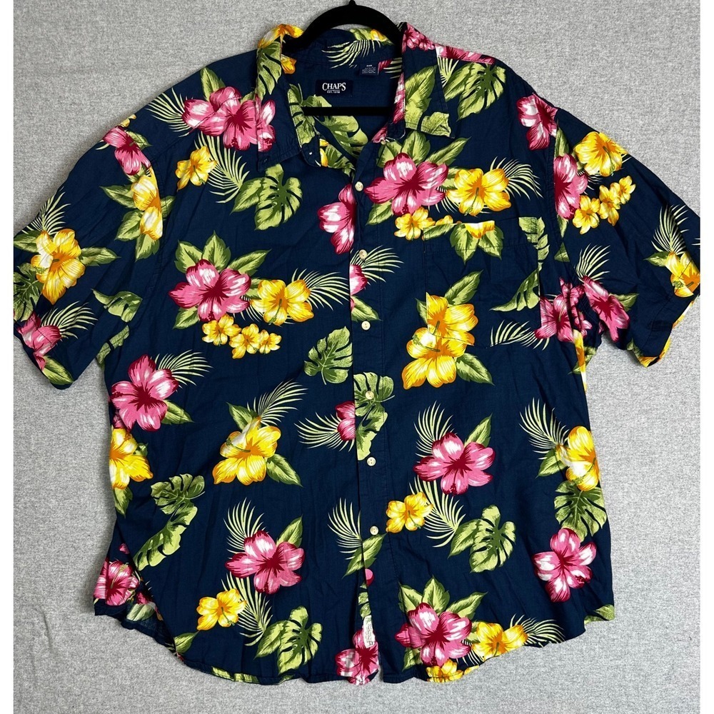 Chaps Hawaiian Shirt Mens 4XB Silk Modal Tropical Floral Hibiscus Navy Button